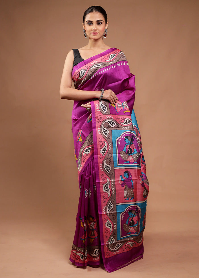 Purple Printed Pure Silk Saree Without Blouse Piece Real Online