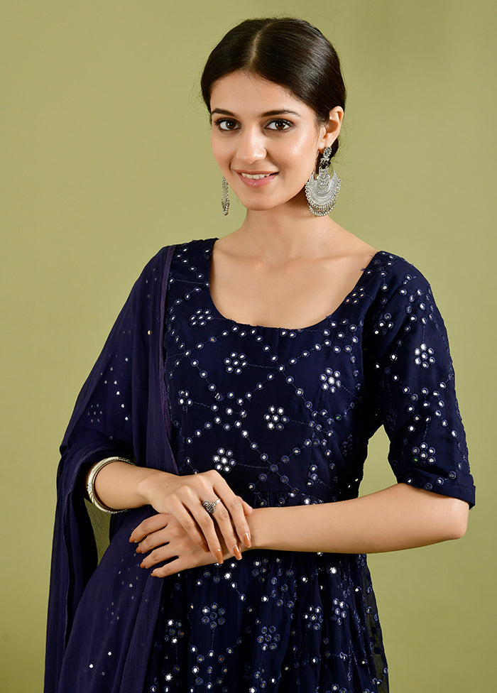 2 Pc Blue Mirror Work Georgette Kurti Set Outlet Locations