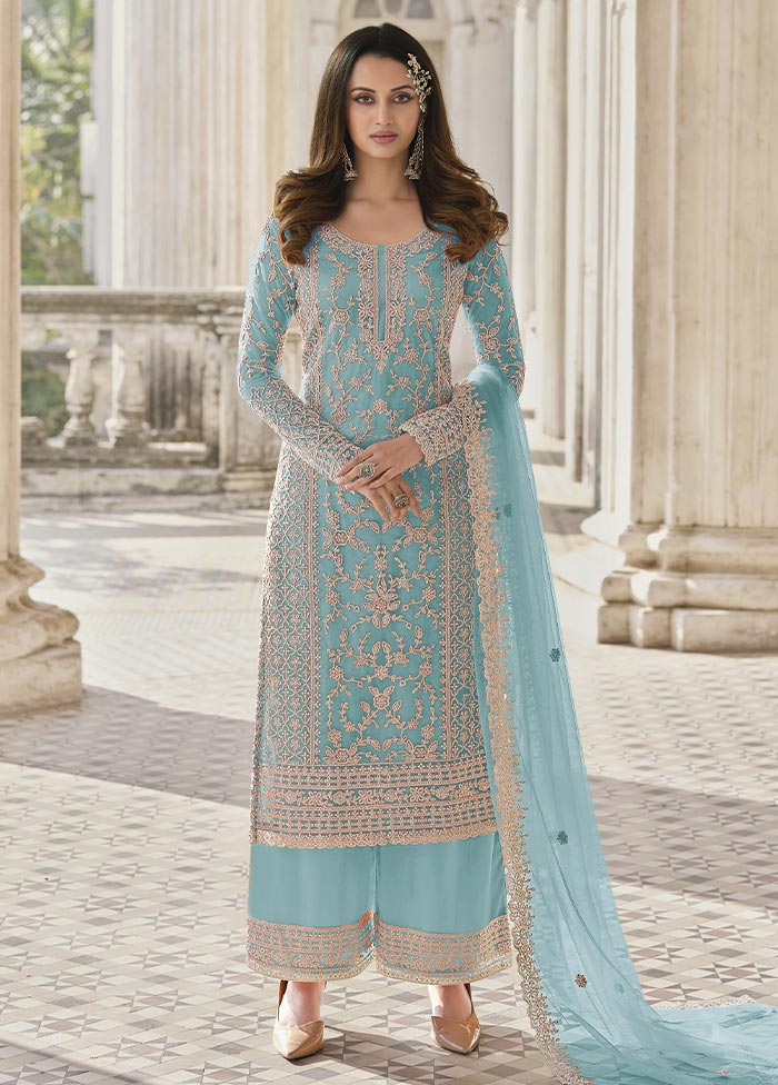 3 Pc Sky Blue Semi Stitched Net Suit Set Best Place Online