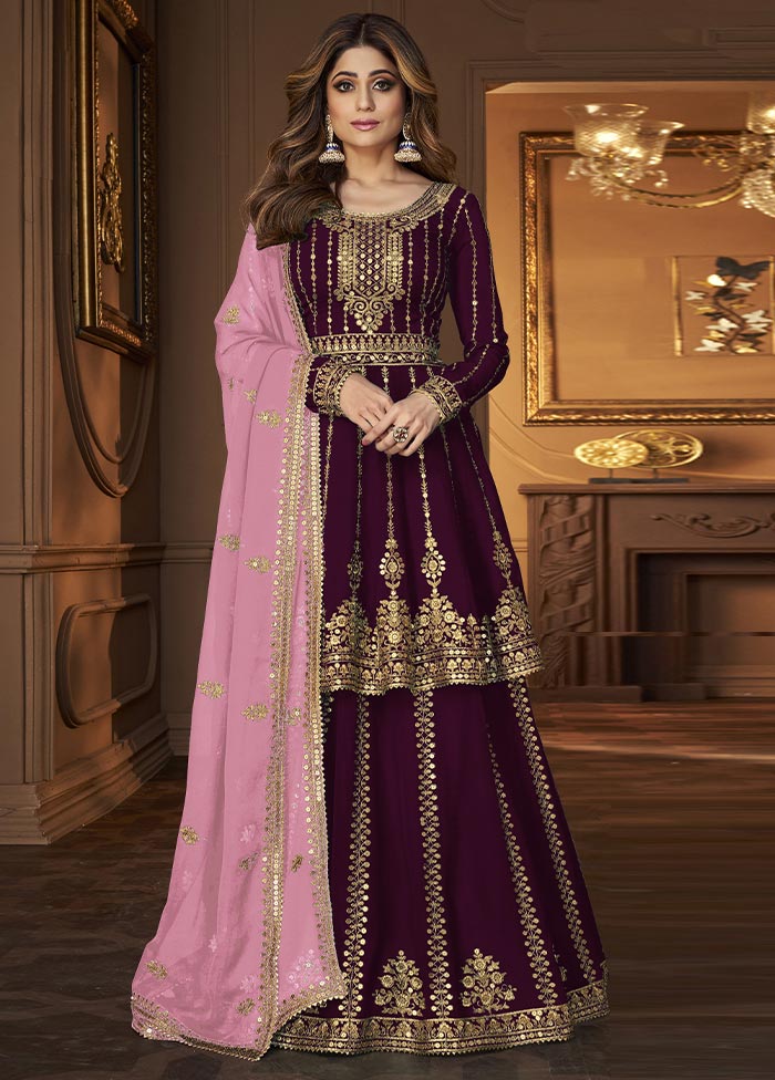 3 Pc Wine Semi Stitched Georgette Suit Set Cheap Sale Popular