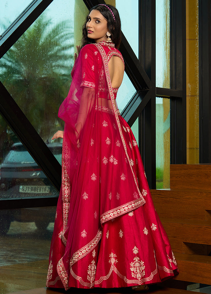 3 Pc Pink Silk Semi Stitched Lehenga Set Original For Sale