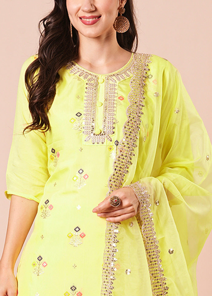 3 Pc Yellow Readymade Viscose Dupatta Suit Set Big Discount Online