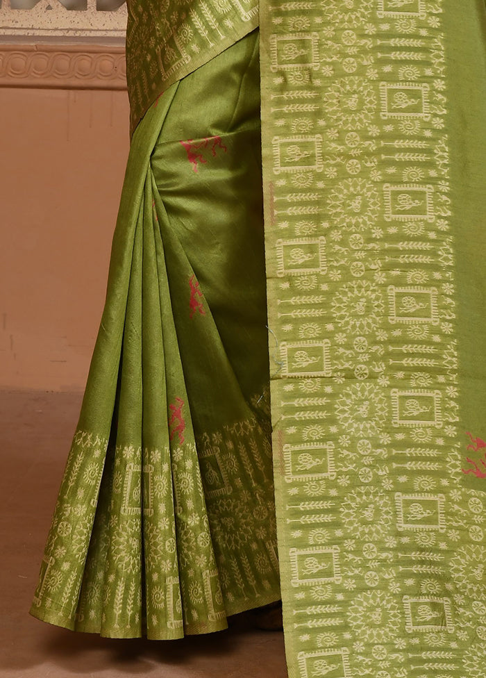 Green Spun Silk Saree With Blouse Piece Pay With Visa For Sale