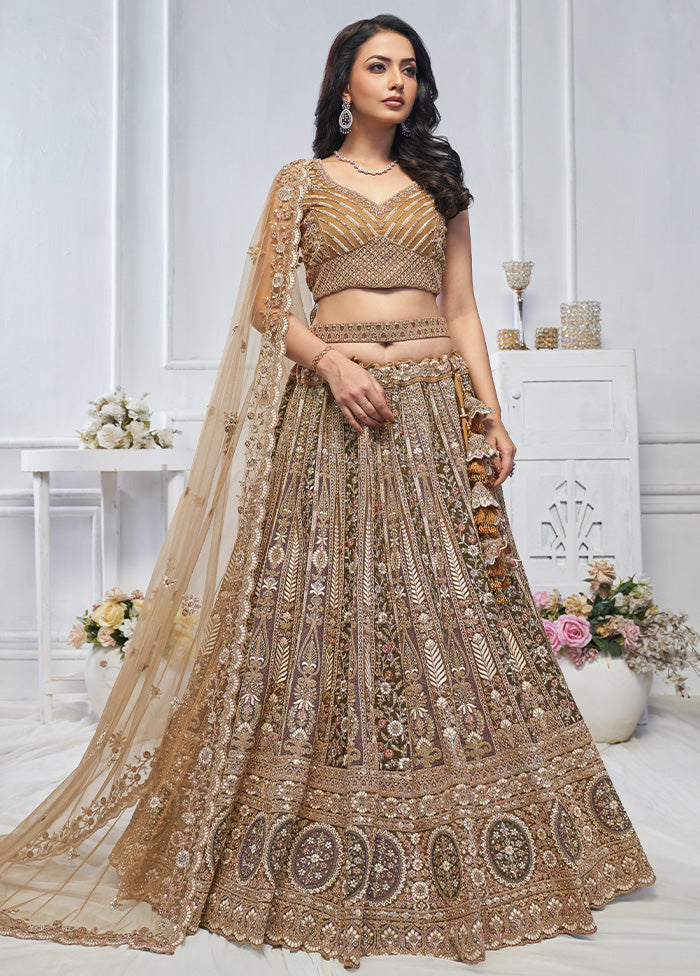 3 Pc Brown Net Semi Stitched Lehenga Set Buy Cheap Big Discount