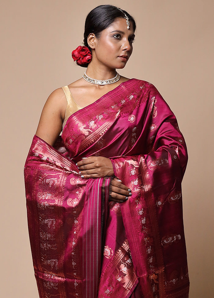 Pink Handloom Baluchari Pure Silk Saree With Blouse Piece Online Online Clearance