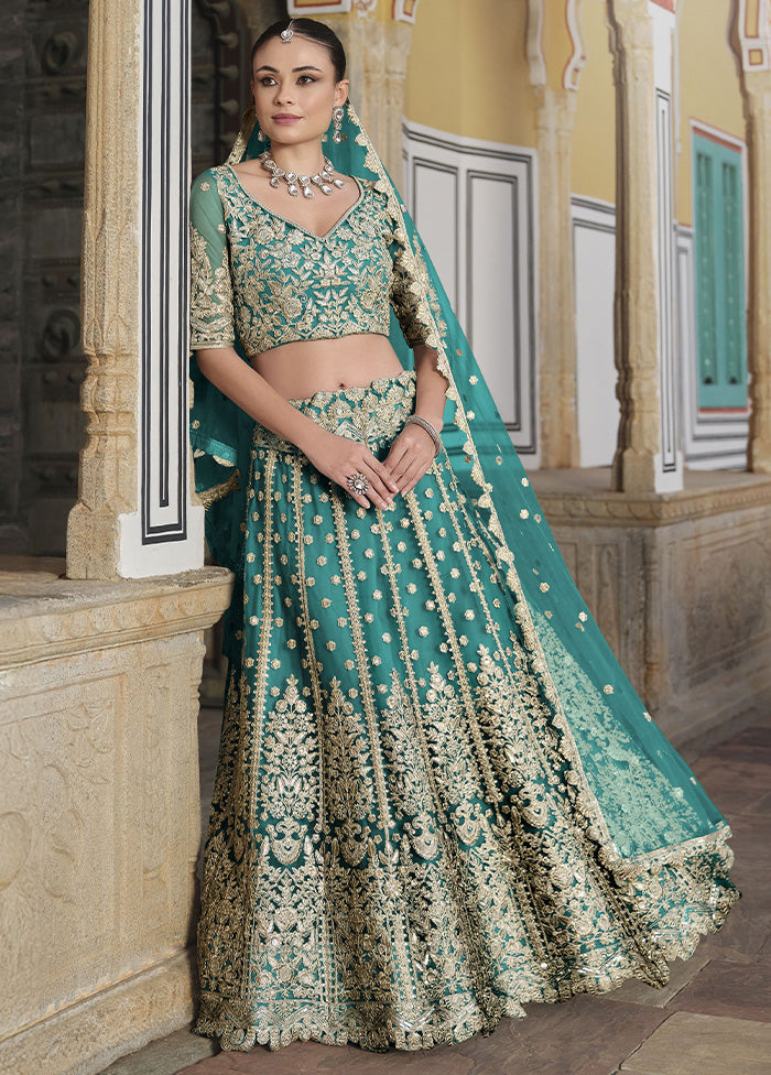 3 Pc Sea Green Net Semi Stitched Lehenga Set Sale Nicekicks