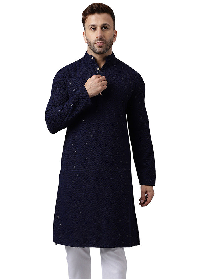 Navy Blue Silk Embroidered Kurta Discount Official Site