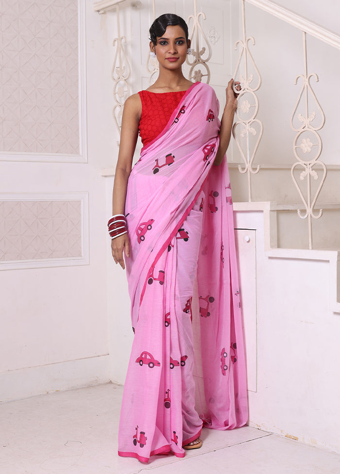 Pink Cotton Uber Print Saree Without Blouse Piece Sale Great Deals