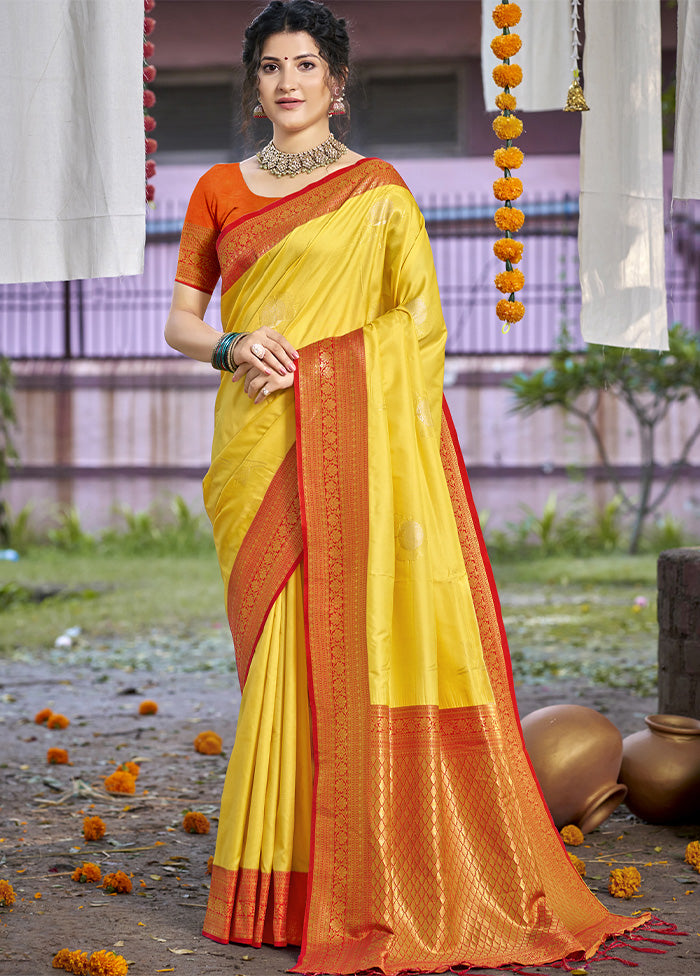 Yellow Dupion Silk Saree With Blouse Piece Outlet New Arrival