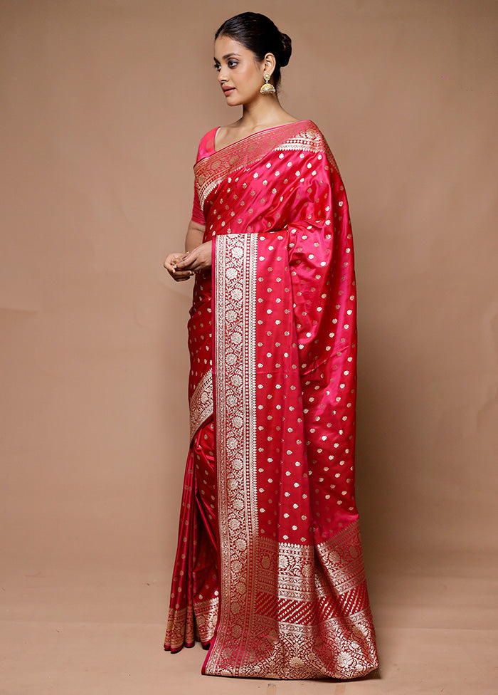 Red Banarasi Silk Saree With Blouse Piece 100% Authentic For Sale