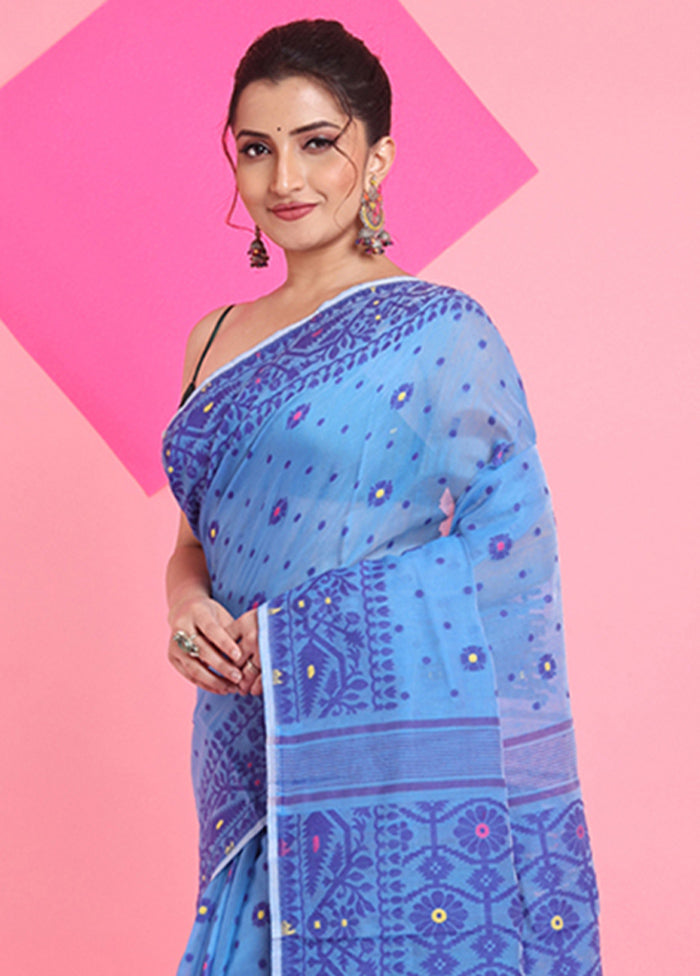 Sky Blue Cotton Woven Work Saree Without Blouse Piece 2025 New Cheap Pice