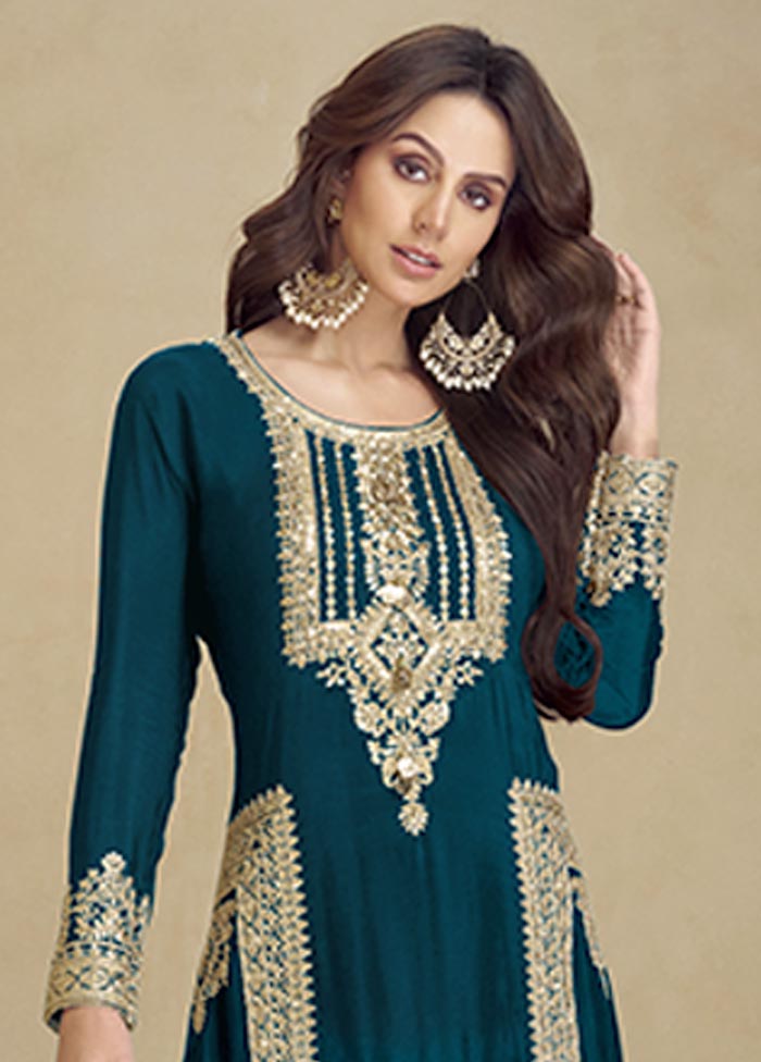 3 Pc Teal Semi Stitched Georgette Suit Set Get To Buy Sale Online