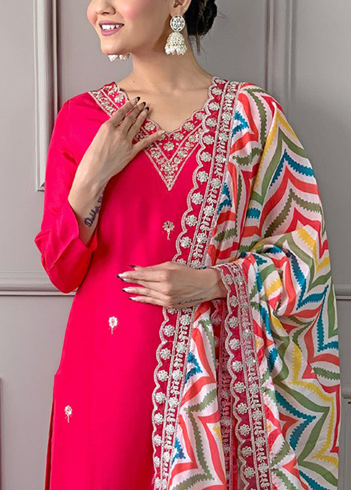 3 Pc Pink Readymade Viscose Dupatta Suit Set Clearance Largest Supplier