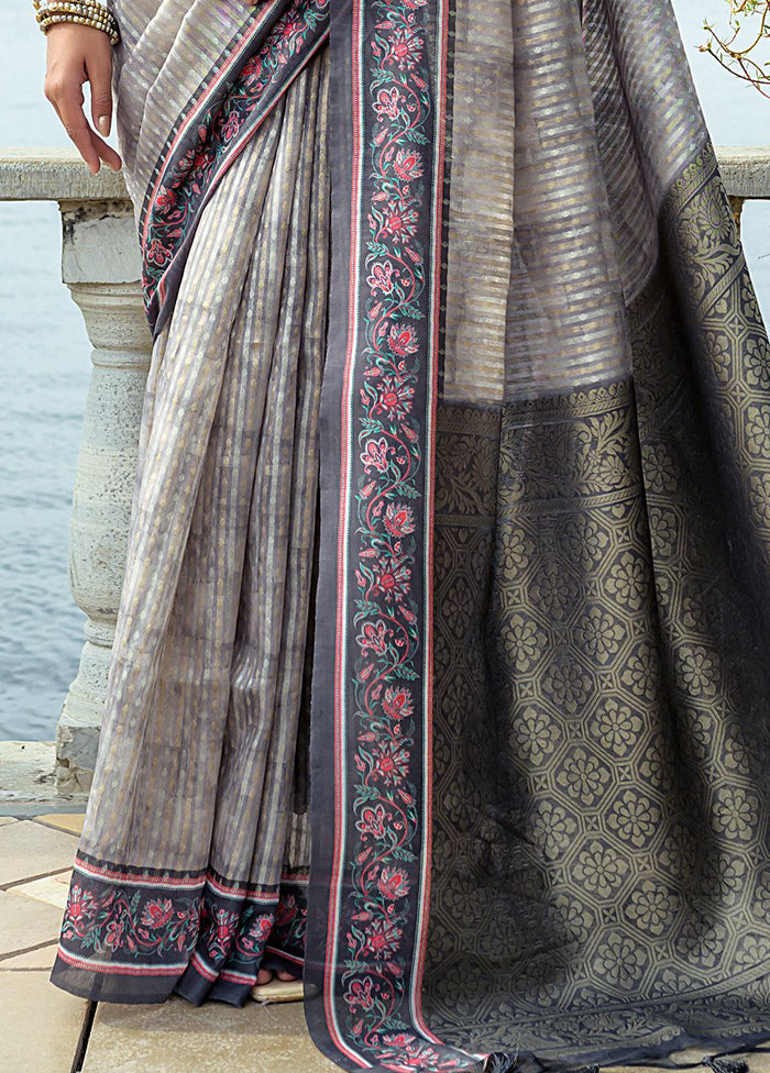 Grey Spun Silk Saree With Blouse Piece Outlet Pay With Paypal