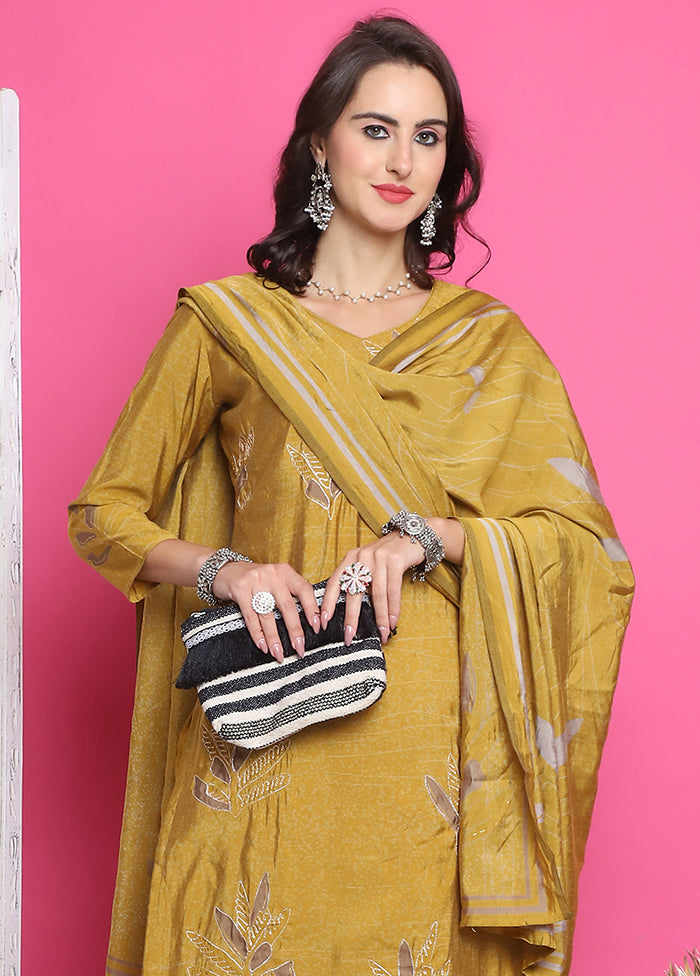 3 Pc Mustard Unstitched Silk Suit Set Recommend Cheap Pice