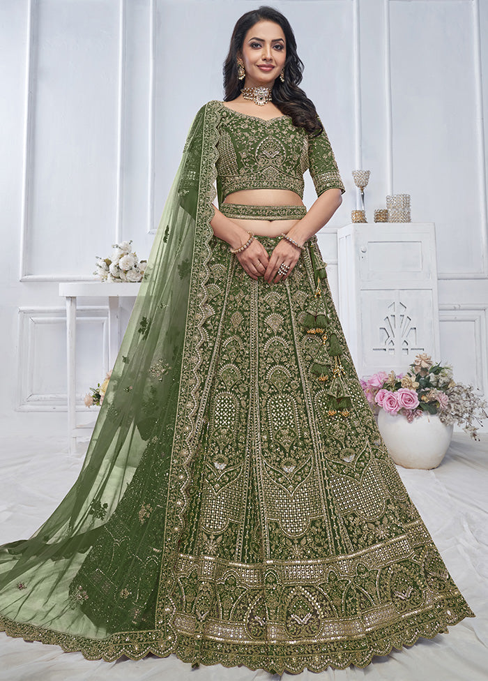 3 Pc Green Net Semi Stitched Lehenga Set Clearance Cheap Online