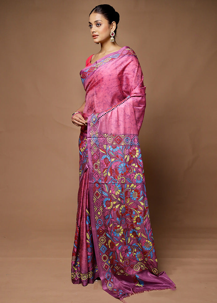 Purple Kantha Stitch Silk Saree With Blouse Piece Websites Cheap Pice