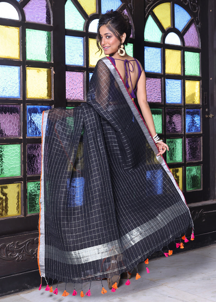 Black Linen Silk Saree With Blouse Piece With Mastercard Online