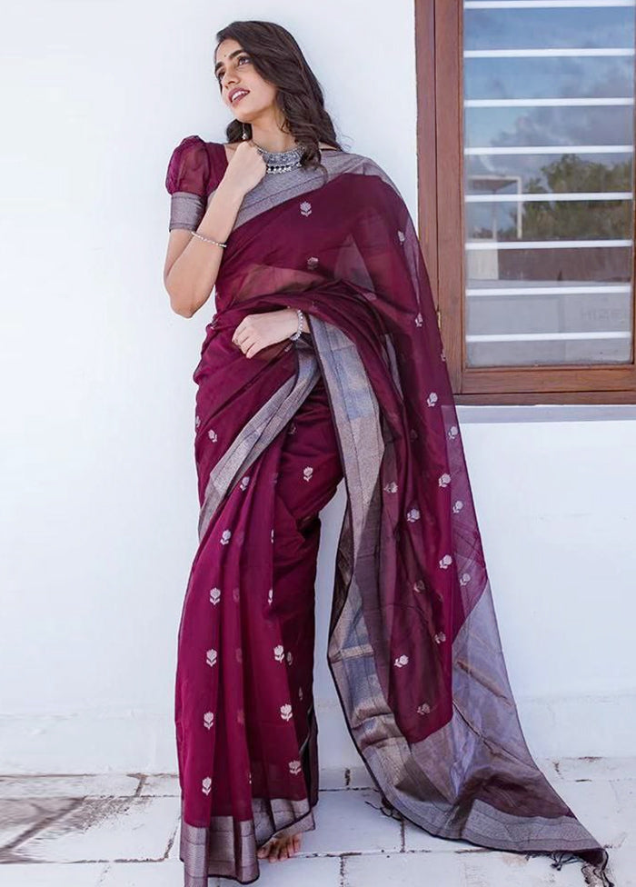 Wine Cotton Saree With Blouse Piece Sale 2025