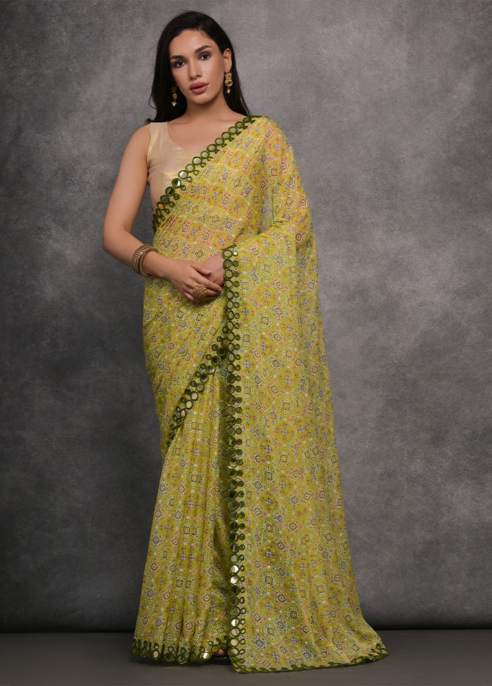 Mehendi Chiffon Silk Saree With Blouse Piece New Styles For Sale