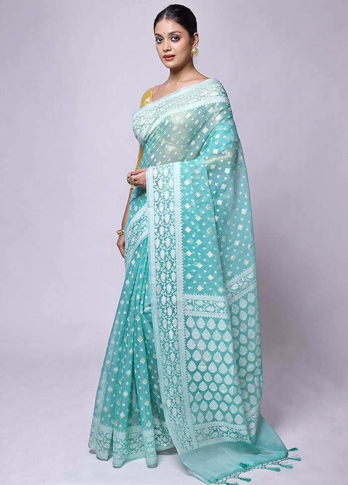 Blue Kora Silk Saree With Blouse Piece Free Shipping Manchester