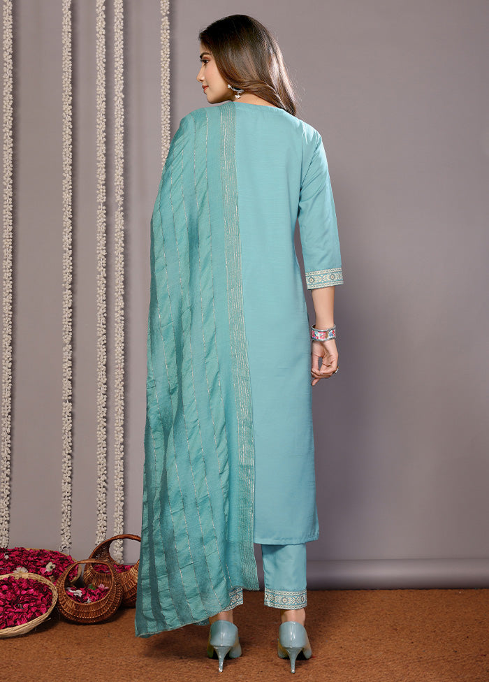 3 Pc Turquoise Blue Readymade Cotton Suit Set Deals Cheap Pice