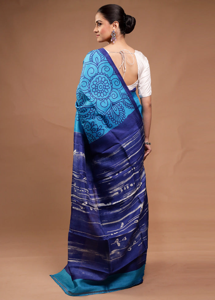 Blue Printed Pure Silk Saree Without Blouse Piece Free Shipping Looking For