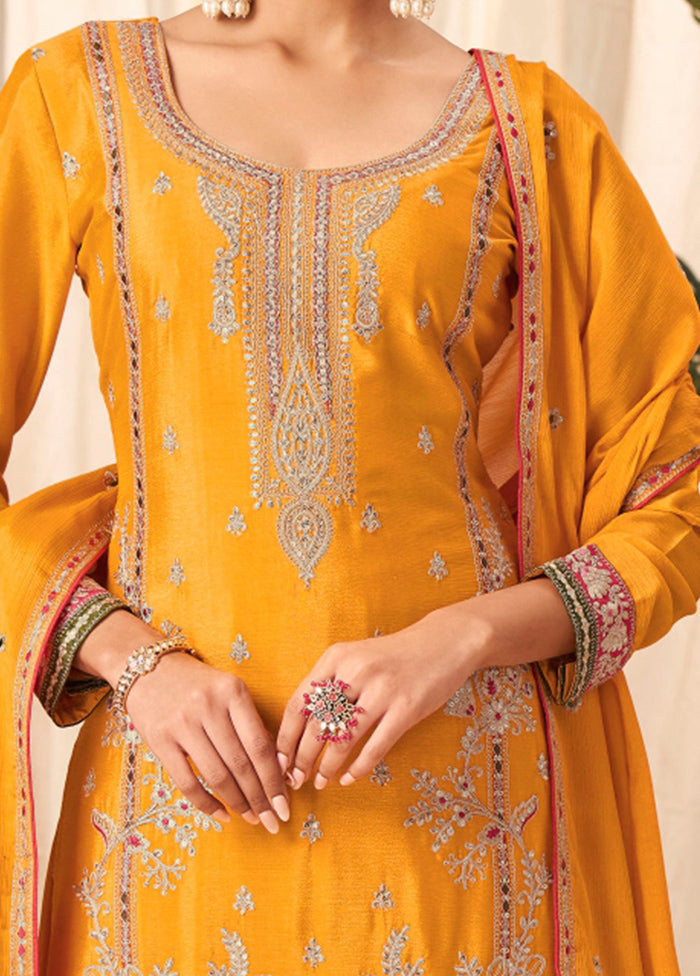 3 Pc Mustard Unstitched Silk Suit Set Sale Best Seller