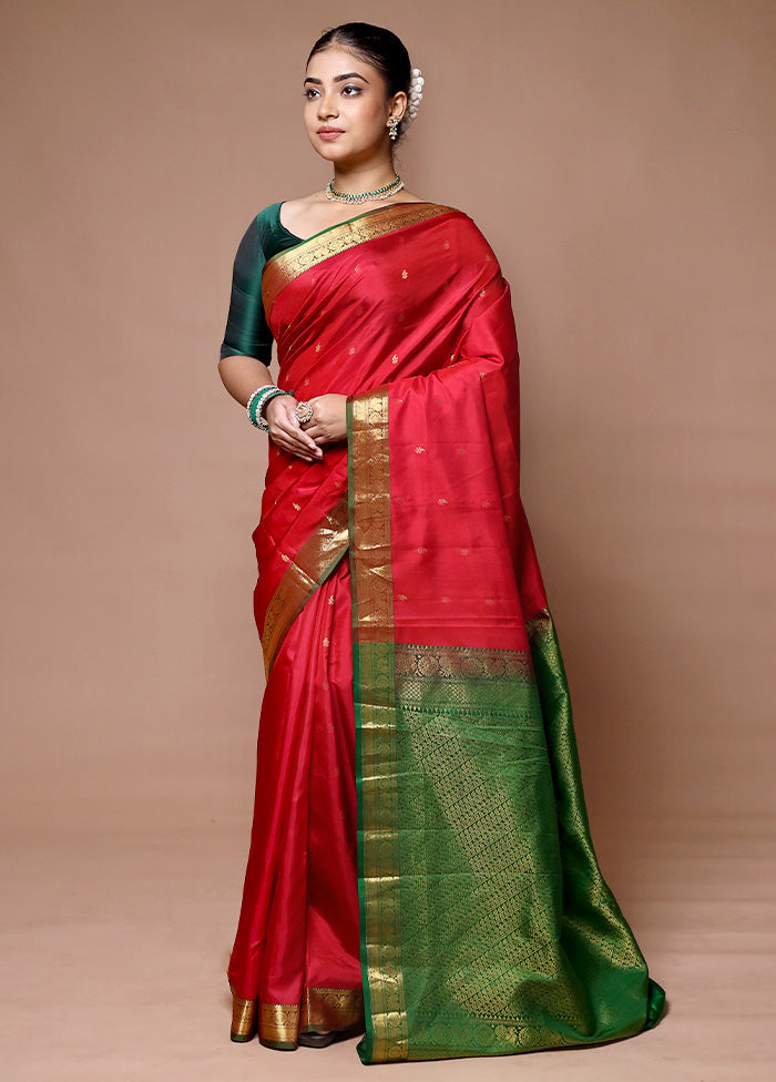 Red Handloom Kanjivaram Pure Silk Saree With Blouse Piece Outlet Cheap Online