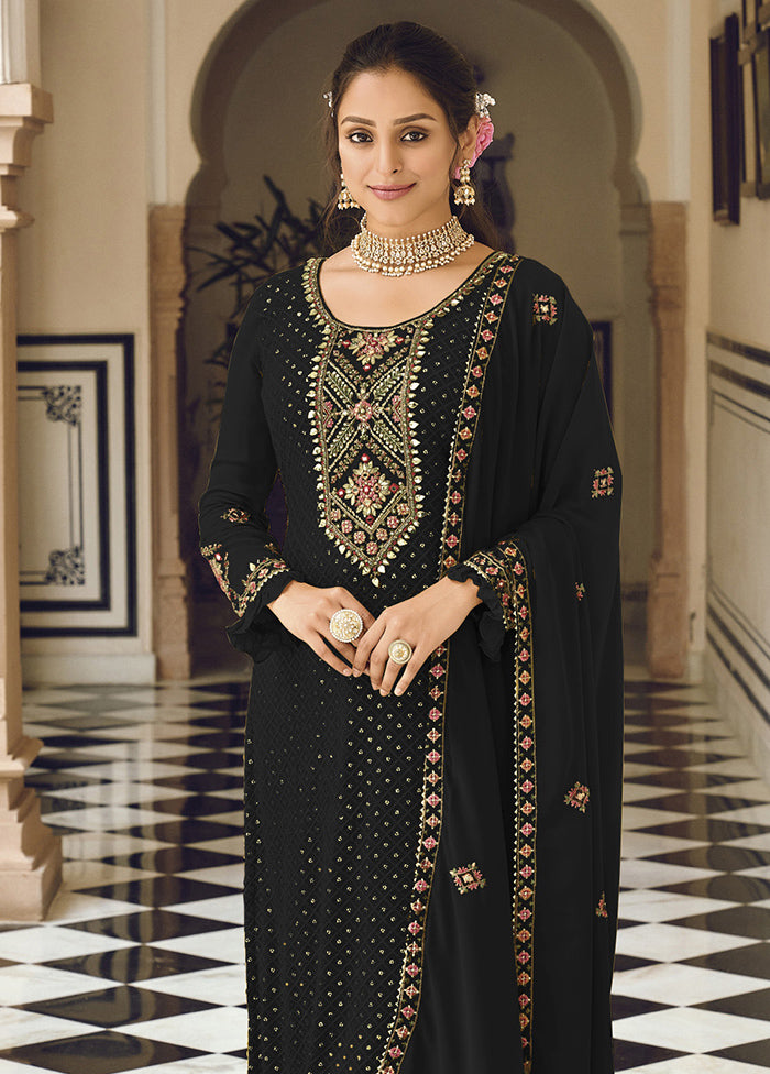 3 Pc Black Semi Stitched Georgette Suit Set Geniue Stockist Online