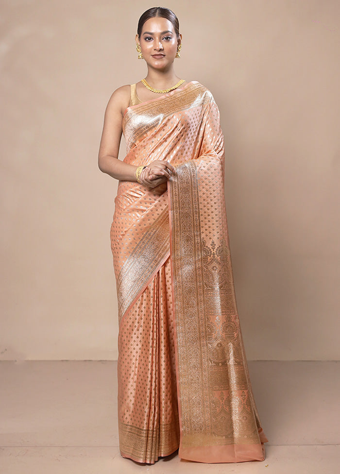 Peach Banarasi Silk Saree With Blouse Piece Cheap Sale With Mastercard