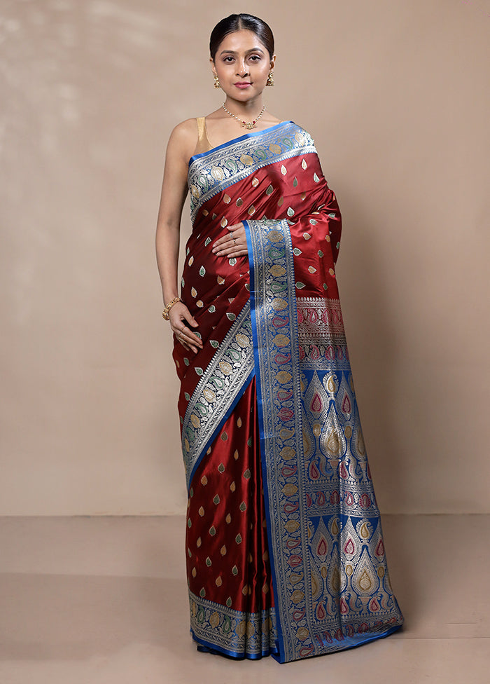 Maroon Handloom Banarasi Pure Silk Saree With Blouse Piece Top Quality Online