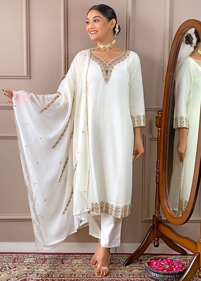 3 Pc White Readymade Georgette Suit Set How Much Cheap Online