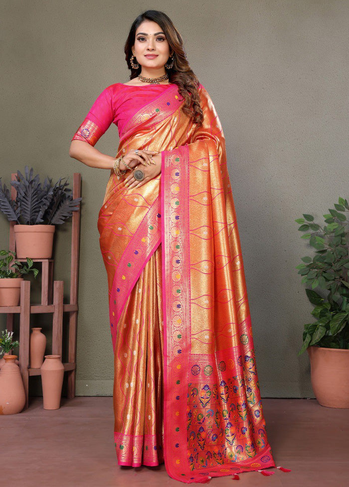 Golden Banarasi Silk Saree With Blouse Piece Sale Visa Payment