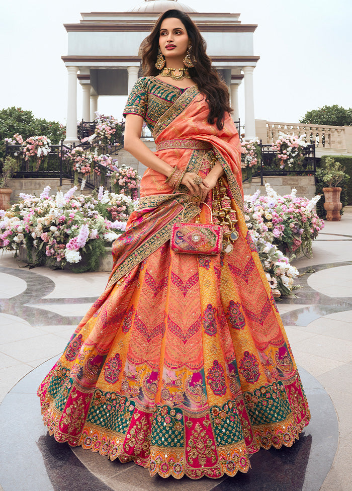 3 Pc Multicolor Silk Semi Stitched Lehenga Set Quality Free Shipping Low Pice