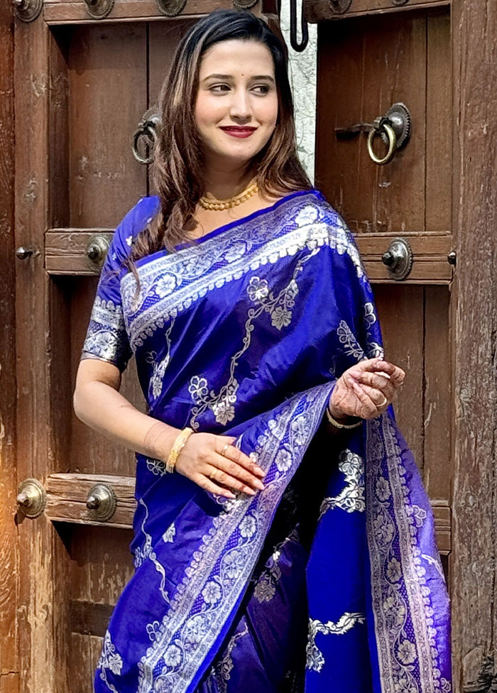 Royal Blue Banarasi Silk Saree With Blouse Piece Looking For For Sale