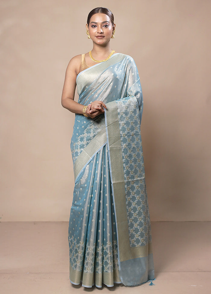 Sky Blue Tissue Silk Saree With Blouse Piece Newest