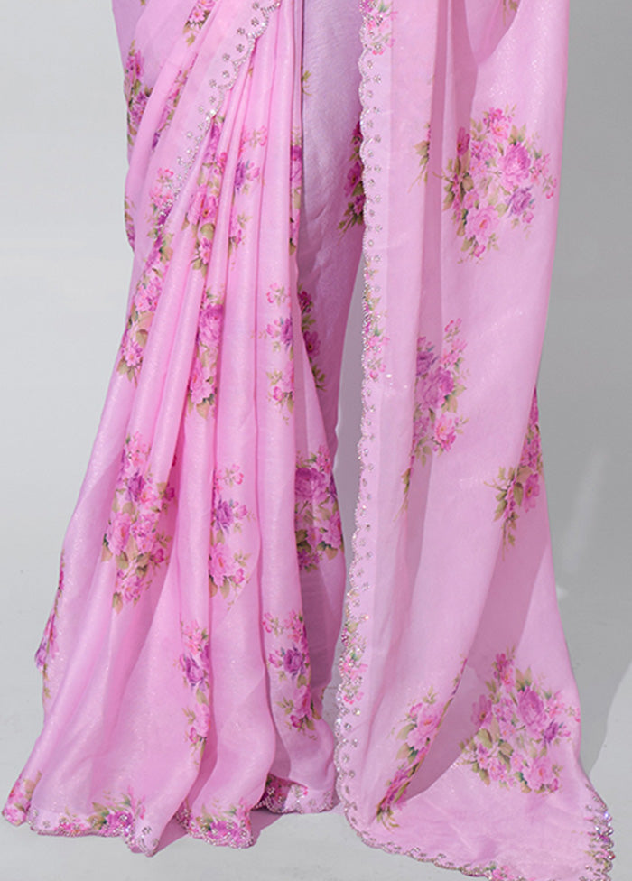 Pink Satin Silk Saree With Blouse Piece Free Shipping In China