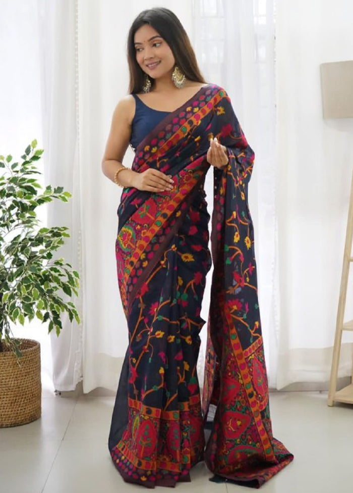 Navy Blue Banarasi Silk Saree With Blouse Piece Cheap Sale Wiki