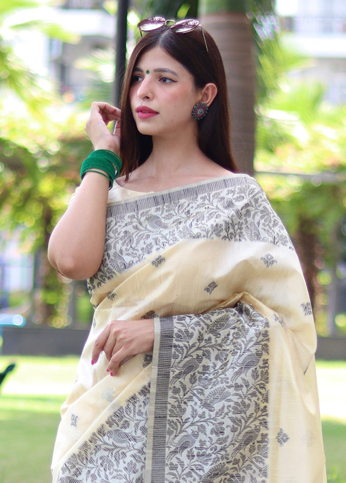 Cream Spun Silk Saree With Blouse Piece Cheap Pice Outlet Sale