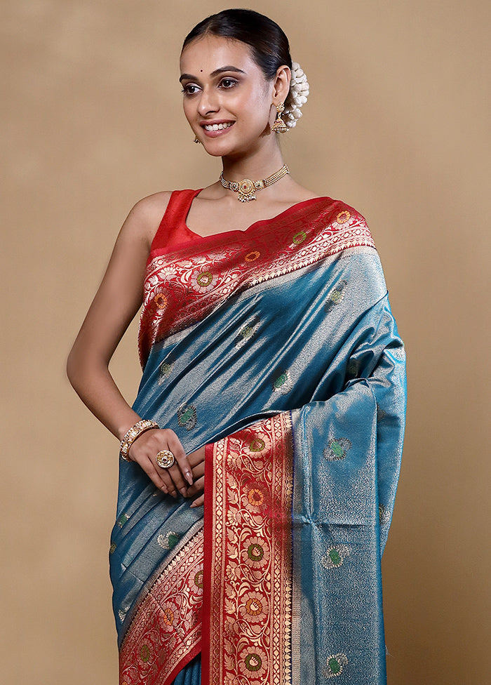 Blue Dupion Silk Saree With Blouse Piece Clearance Store Cheap Online