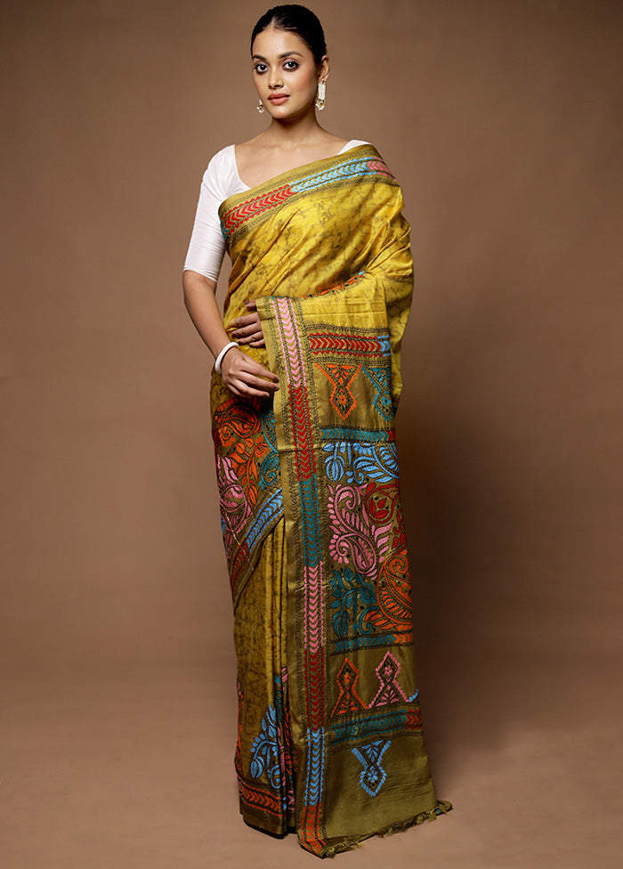 Green Kantha Stitch Silk Saree With Blouse Piece Clearance For Cheap