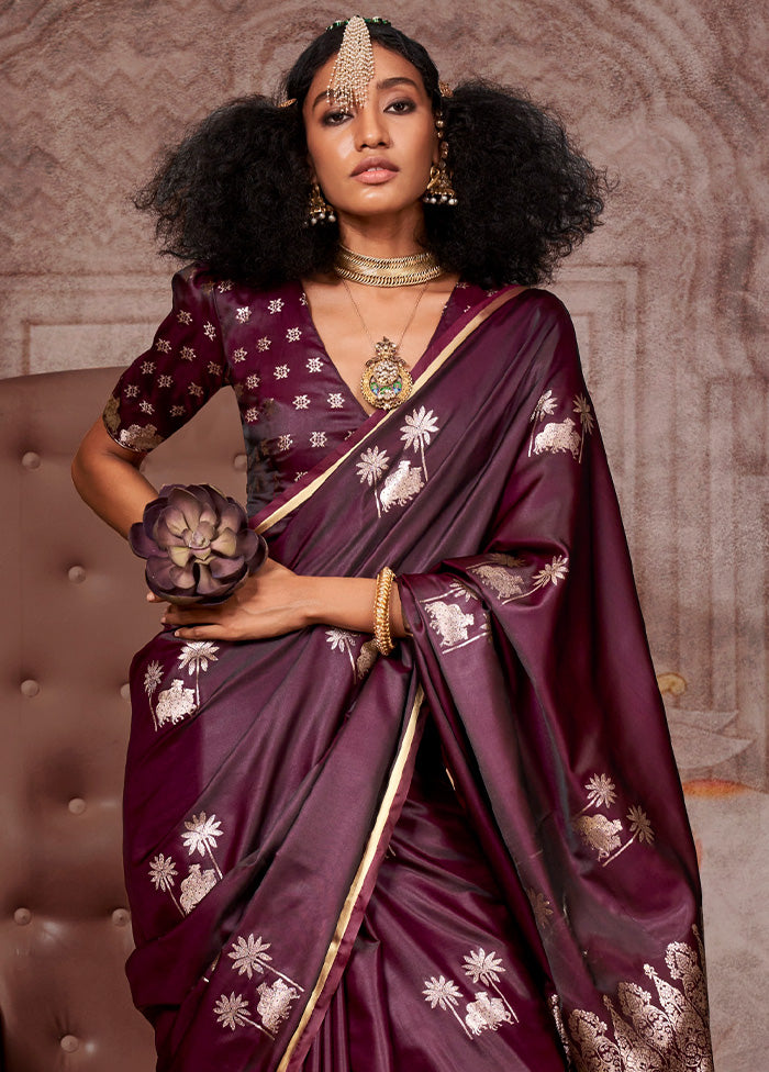 Wine Satin Silk Saree With Blouse Piece Cheap Sale 100% Original