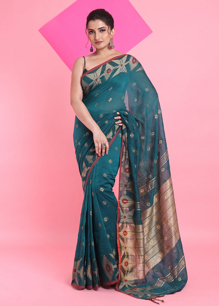 Teal Cotton Saree With Blouse Piece Outlet Official