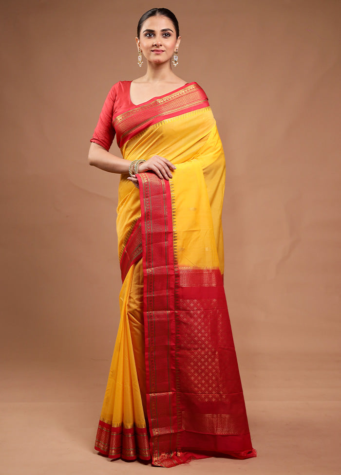 Yellow Gadwal Silk Saree Without Blouse Piece Sale Supply