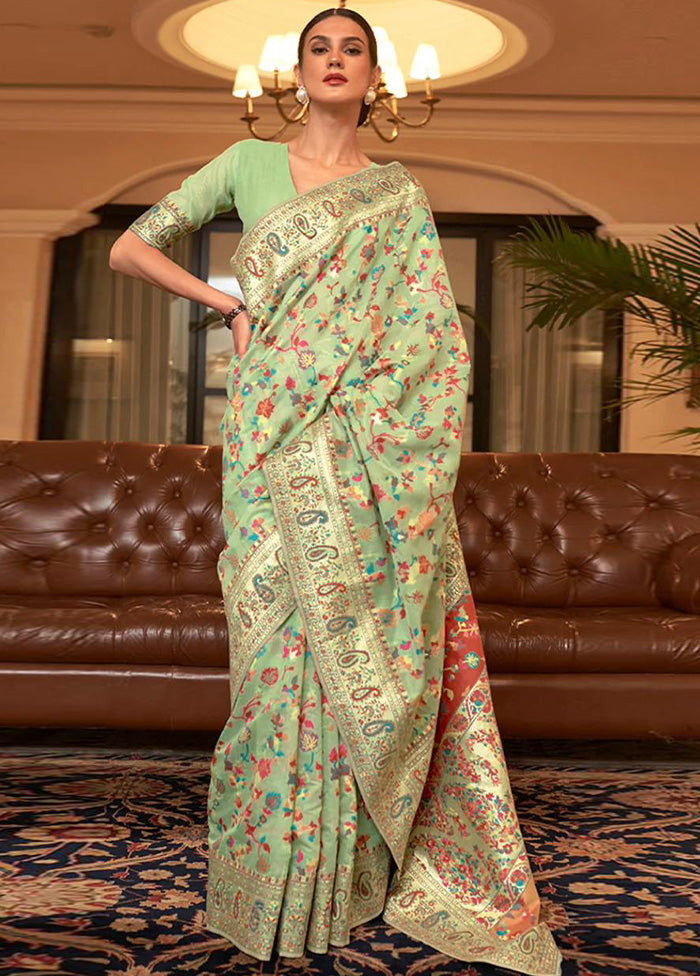 Pista Green Banarasi Silk Saree With Blouse Piece Low Pice Cheap Online