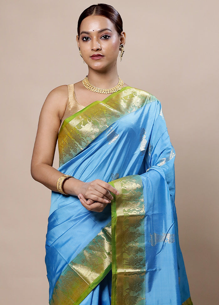 Blue Handloom Kanjivaram Pure Silk Saree With Blouse Piece Inexpensive Cheap Online