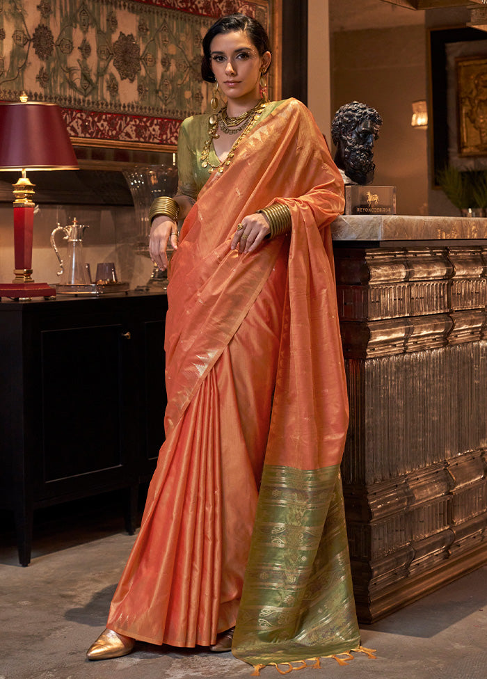 Dark Peach Tussar Silk Saree With Blouse Piece Best Wholesale