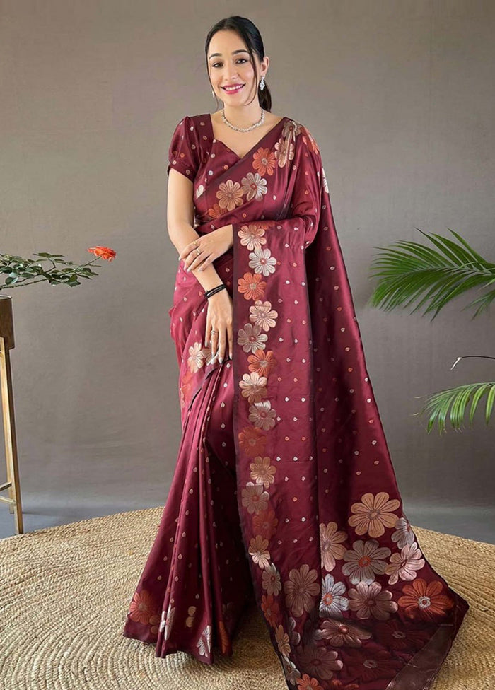 Maroon Banarasi Silk Saree With Blouse Piece Discount Countdown Package