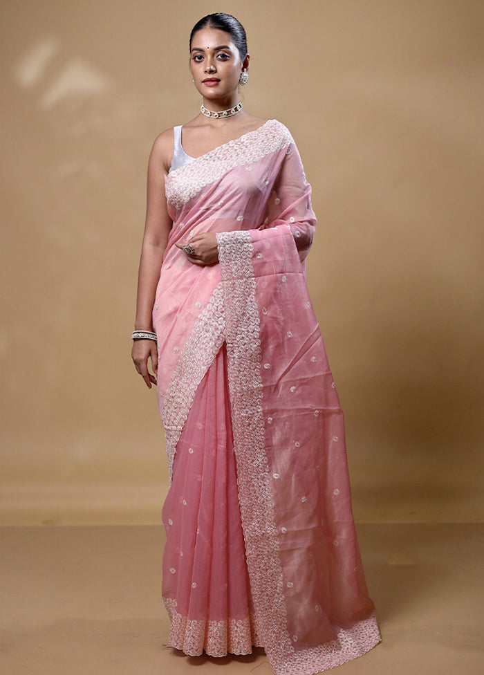 Pink Organza Saree With Blouse Piece Cost Cheap Online